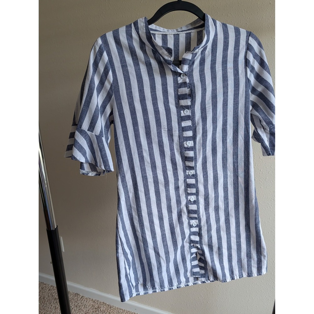 Blue White Striped Button Down Blouse Mandarin Collar Bell Sleeve Top Womens‎